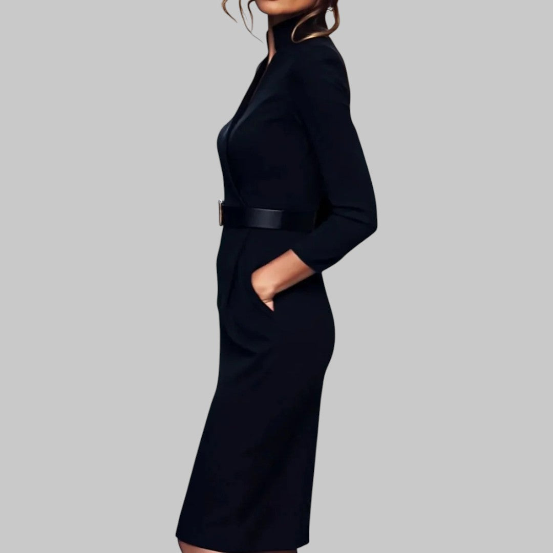 Refined Long Sleeve Midi Dress - Collar Belted - Sheath Design – Elegant Office & Evening Wear