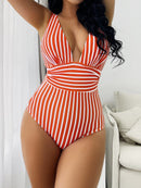 Women's Striped V-Neck One-Piece Swimsuit – Sleeveless Elegant Swimwear