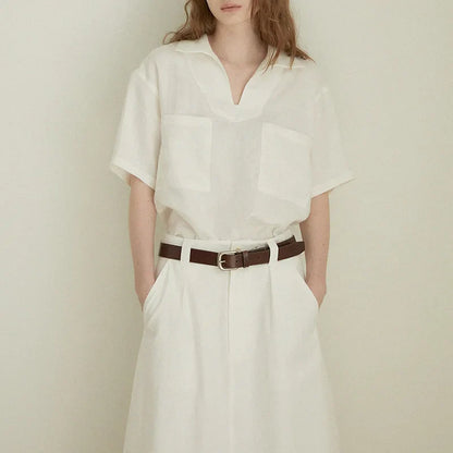 100% Linen V-neck Short Sleeve Blouse