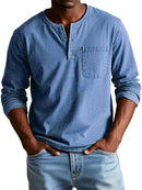 Men's Buttoned Round Neck Long Sleeve Denim Shirt – Casual Henley