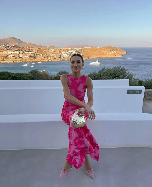 3D Flowers Sleeveless Party Midi Dress