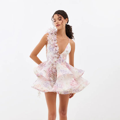 3D Floral Halter Layered V Neck Mini Dress