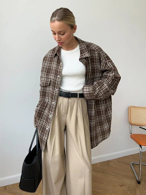 Women's Vintage Checked Flannel Shirt – Loose Fit Long Sleeve Top