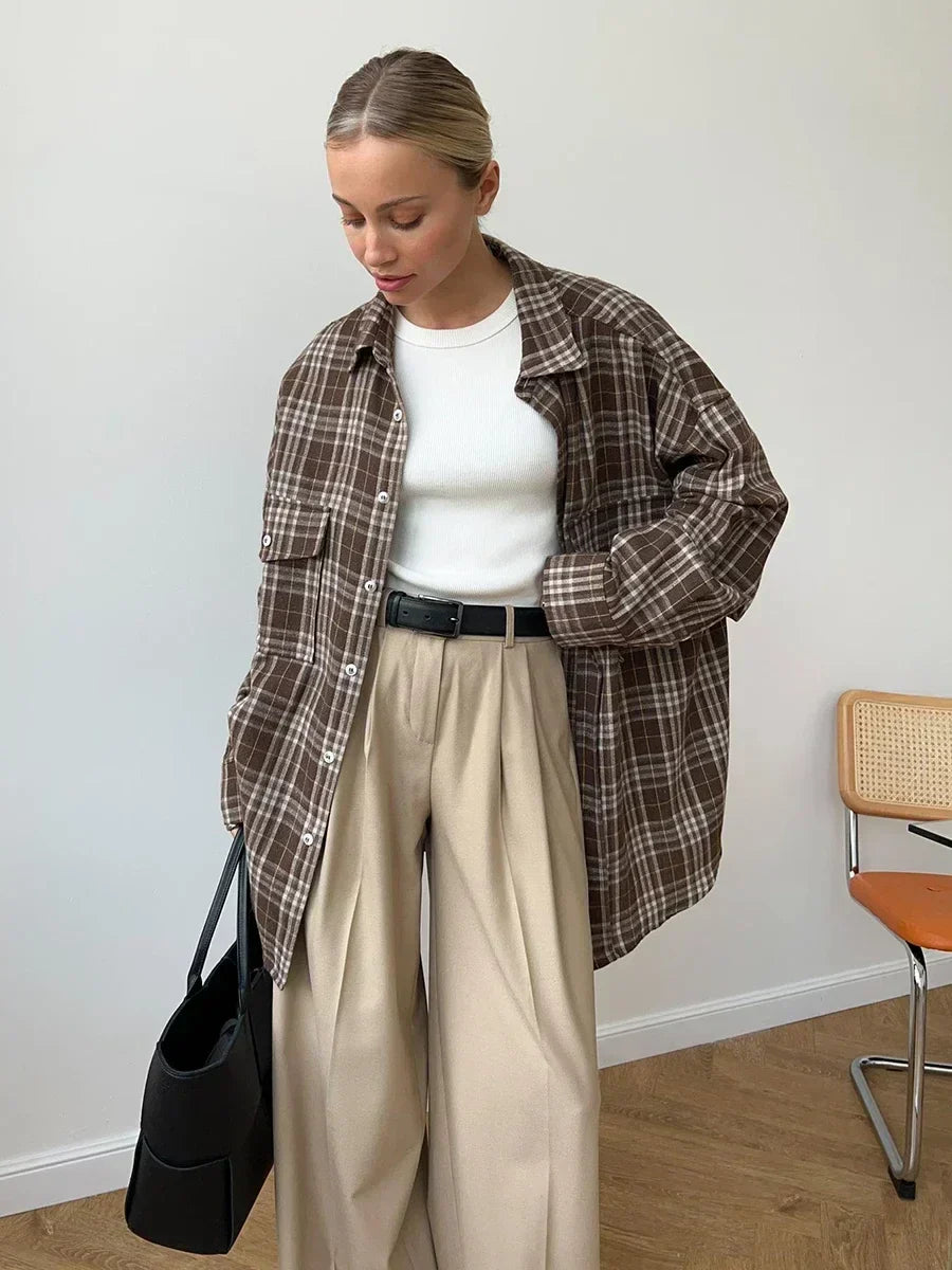 Women's Vintage Checked Flannel Shirt – Loose Fit Long Sleeve Top