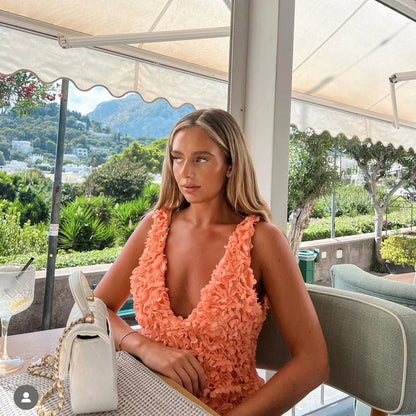Applique Deep V Orange Bodycon Mini Dress