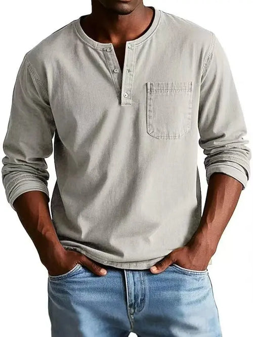 Men's Buttoned Round Neck Long Sleeve Denim Shirt – Casual Henley
