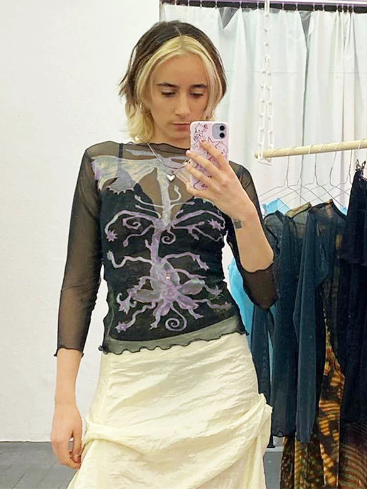 Abstract Print Black Mesh Long Sleeve Sheer Top