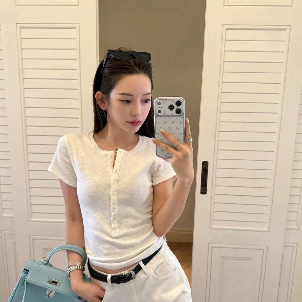 Women's Short-Sleeved Button Placket T-Shirt – Casual Slim Fit Top
