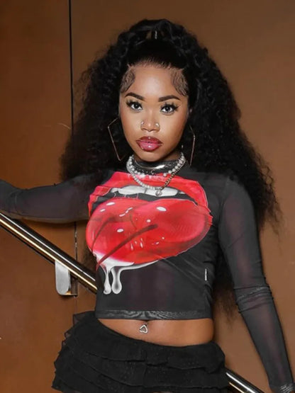 3D Print Mesh O-Neck Long Sleeve Sheer Top