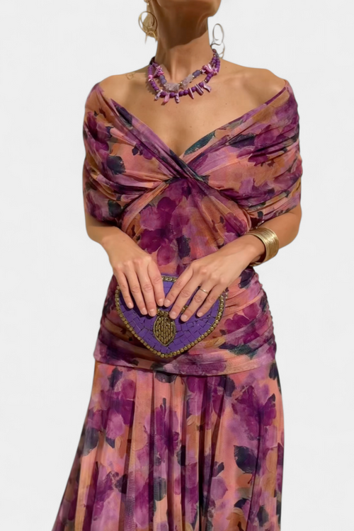 Women's Off-Shoulder Ruched Mesh Dress – Elegant Fitted Cocktail Dress