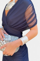 Women's Off-Shoulder Ruched Mesh Dress – Elegant Fitted Cocktail Dress