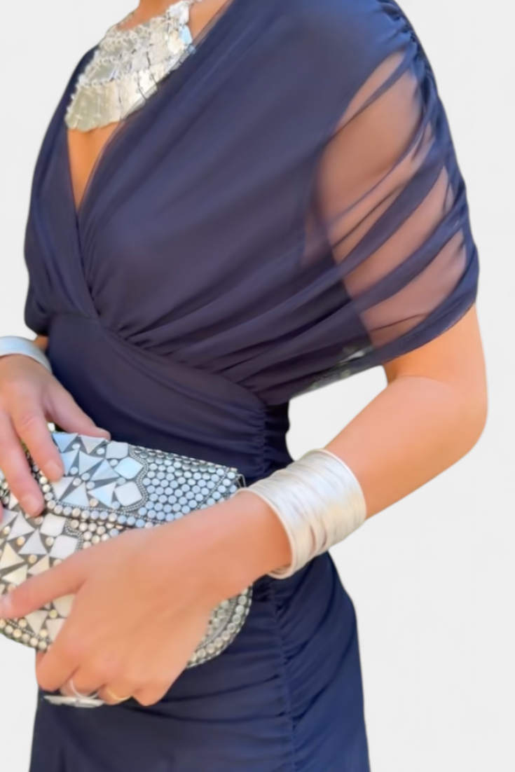 Women's Off-Shoulder Ruched Mesh Dress – Elegant Fitted Cocktail Dress