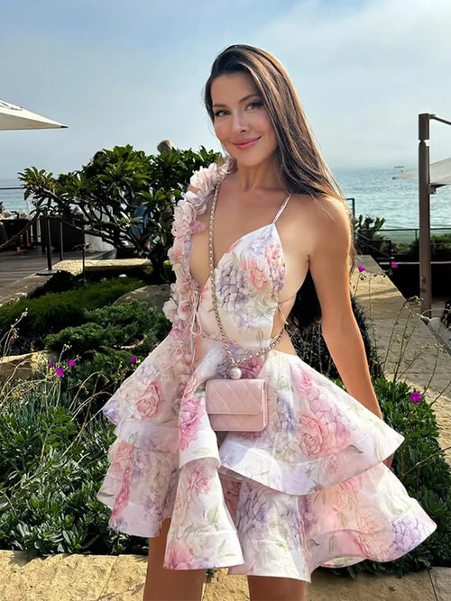 3D Floral Halter Layered V Neck Mini Dress