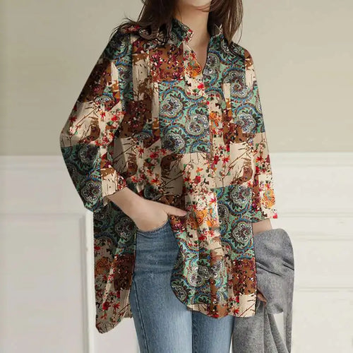 Women's Colorful Print Button-Up Shirt – Loose Fit Long Casual Top