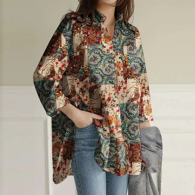 Women's Colorful Print Button-Up Shirt – Loose Fit Long Casual Top