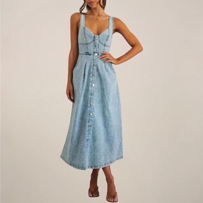 Sleeveless Button-Front Denim Midi Dress – Timeless Style, Effortless Appeal