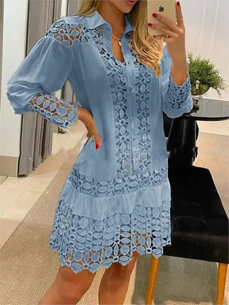 Women's Button-Front Long Sleeve Mini Dress – Lace Summer Outfit