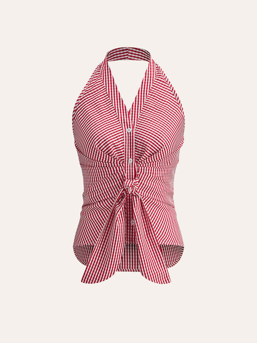 Striped Halter Top for Women – Summer V-Neck Sleeveless Blouse in Breathable Polyester 4