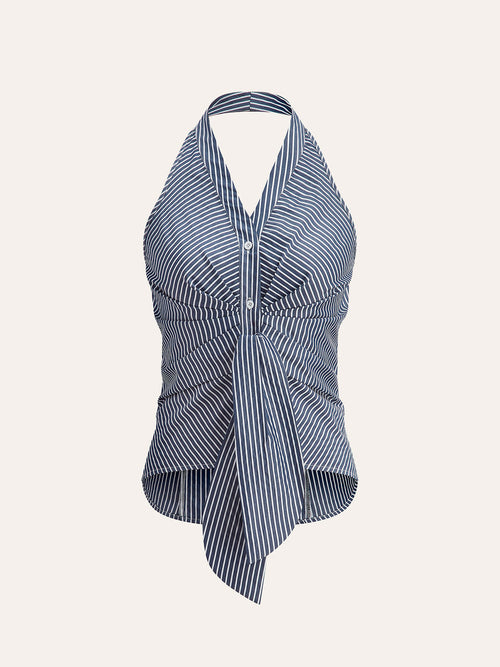 Striped Halter Top for Women – Summer V-Neck Sleeveless Blouse in Breathable Polyester 6