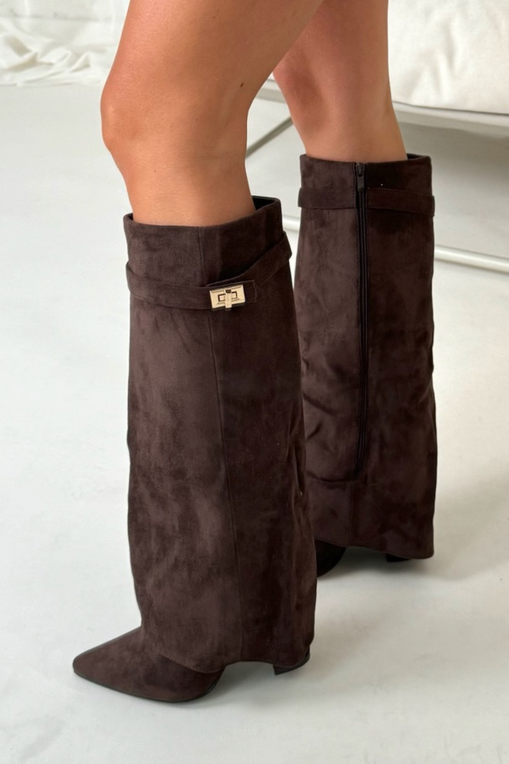 Stylish High Boots with Flap and Block Heel – 8.5cm Leather or Suede 7