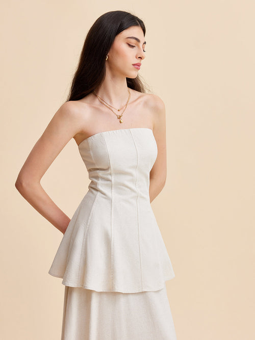 Summer Strapless Linen Blend Set for Women – Elegant Top and Flowing Skirt 1