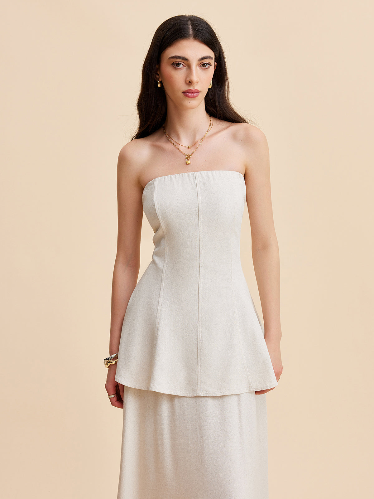 Summer Strapless Linen Blend Set for Women – Elegant Top and Flowing Skirt 4