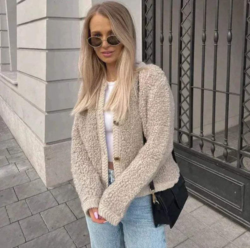 Women's Buttoned Fleece Jacket – Round Neck Cozy Casual Outerwear
