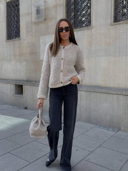 Women's Buttoned Fleece Jacket – Round Neck Cozy Casual Outerwear