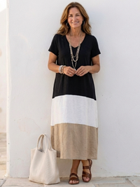 Women’s Color Block V-Neck Midi Dress – Short Sleeve Casual Chic Style