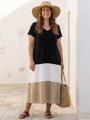 Women’s Color Block V-Neck Midi Dress – Short Sleeve Casual Chic Style