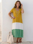 Women’s Color Block V-Neck Midi Dress – Short Sleeve Casual Chic Style