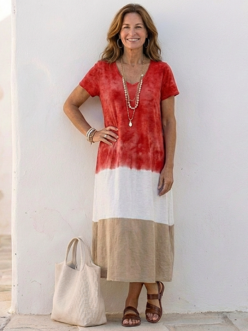 Women’s Color Block V-Neck Midi Dress – Short Sleeve Casual Chic Style