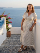 Women’s V-Neck Cross Waist Midi Dress – Short Sleeve Elegant Casual Chic Style