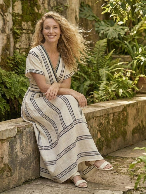 Women’s V-Neck Wrap Waist Midi Dress – Short Sleeve Elegant Casual Chic Style