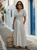 Women’s V-Neck Cross Waist Midi Dress – Short Sleeve Elegant Casual Chic Style