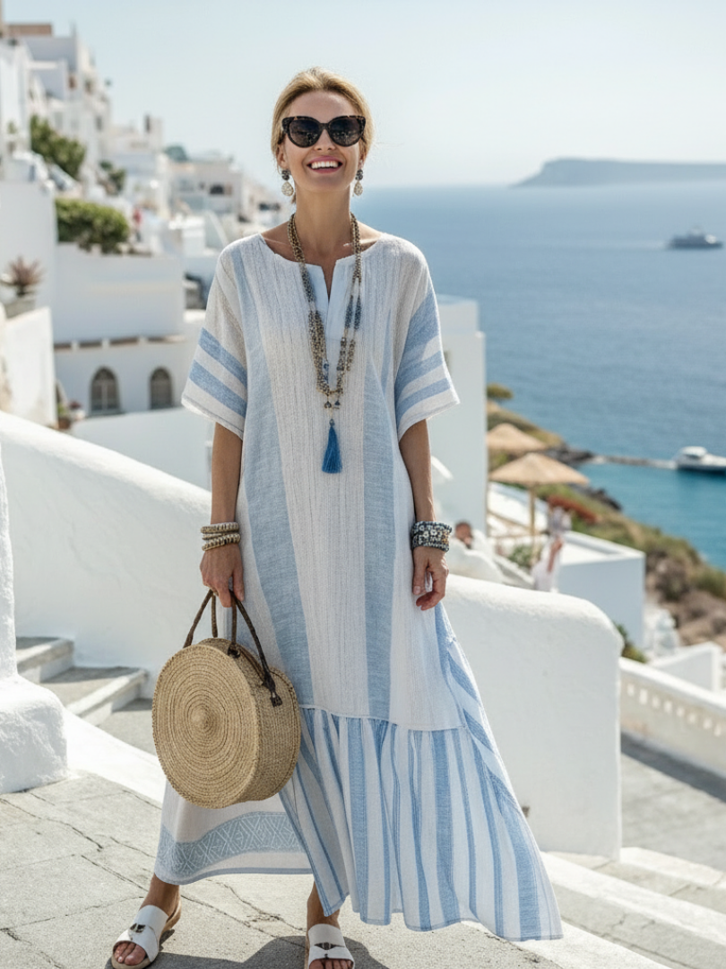 Women’s Elegant Striped Maxi Dress – Round Neck Short Sleeve Casual Chic Style