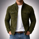 Men's Olive Green Suede Button-Up Jacket – Stylish Casual Outerwear