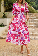Women's Floral Midi Dress With Puff Sleeves – Elegant Casual Dress