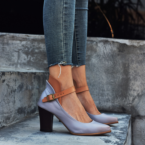 Women's Closed Toe Leather Block Heel Pumps – Buckle Accent Shoes