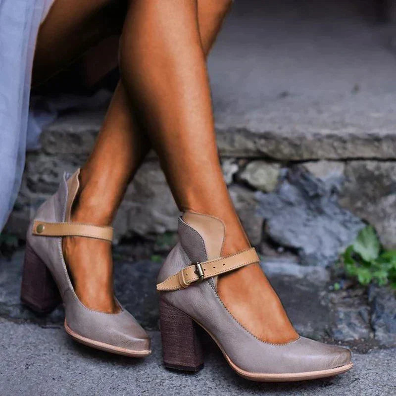Women's Closed Toe Leather Block Heel Pumps – Buckle Accent Shoes