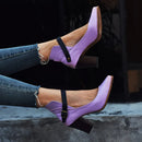 Women's Closed Toe Leather Block Heel Pumps – Buckle Accent Shoes