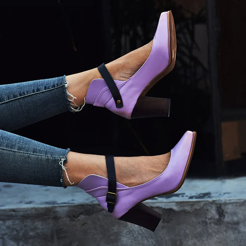Women's Closed Toe Leather Block Heel Pumps – Buckle Accent Shoes