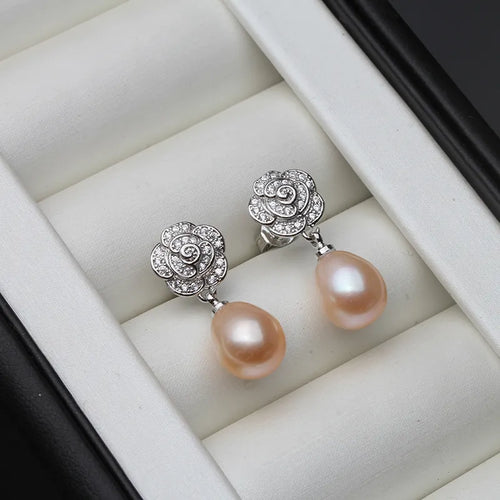 Women's Vintage Silver Flower Pearl Earrings – Romantic Elegant Jewelry