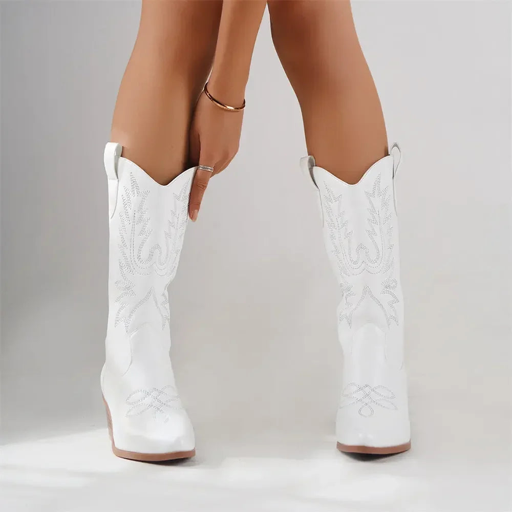 Women’s Western Knee-High Boots – Embroidered Detailing & Block Heel