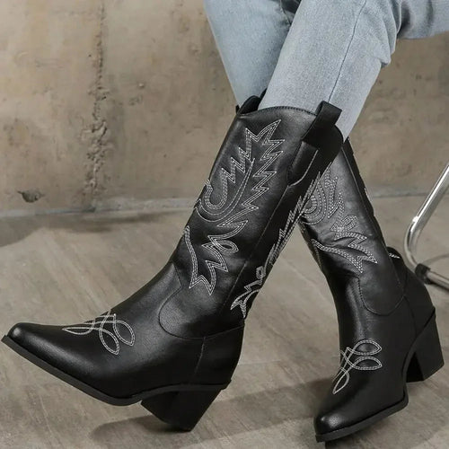 Women’s Western Knee-High Boots – Embroidered Detailing & Block Heel