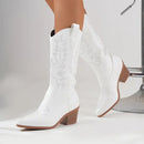 Women’s Western Knee-High Boots – Embroidered Detailing & Block Heel