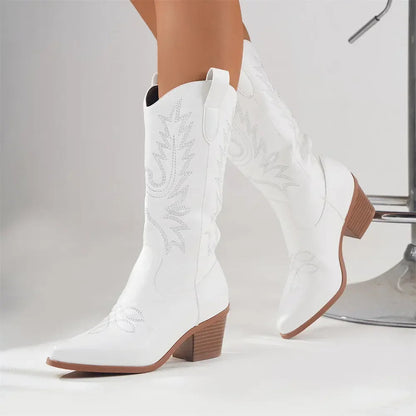 Women’s Western Knee-High Boots – Embroidered Detailing & Block Heel