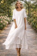 Layered Chiffon Midi Dress with Round Neck