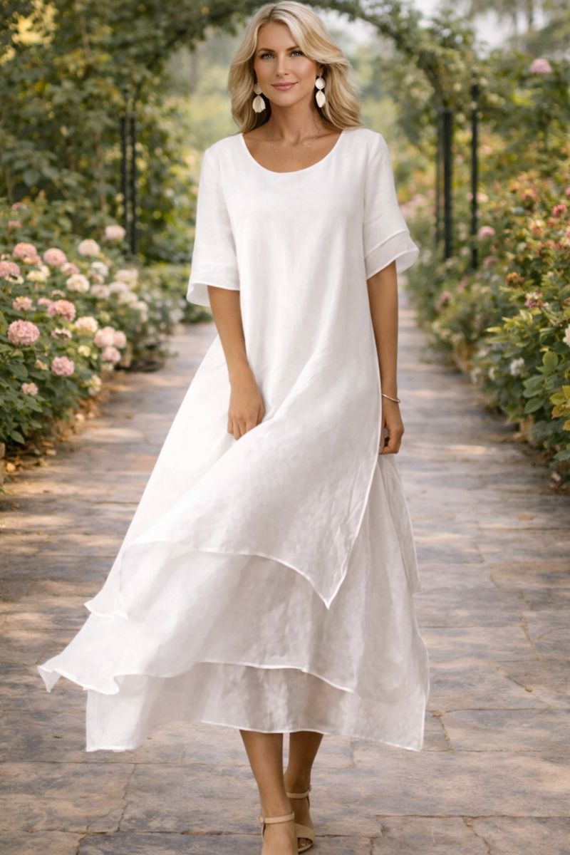 Layered Chiffon Midi Dress with Round Neck