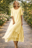 Layered Chiffon Midi Dress with Round Neck
